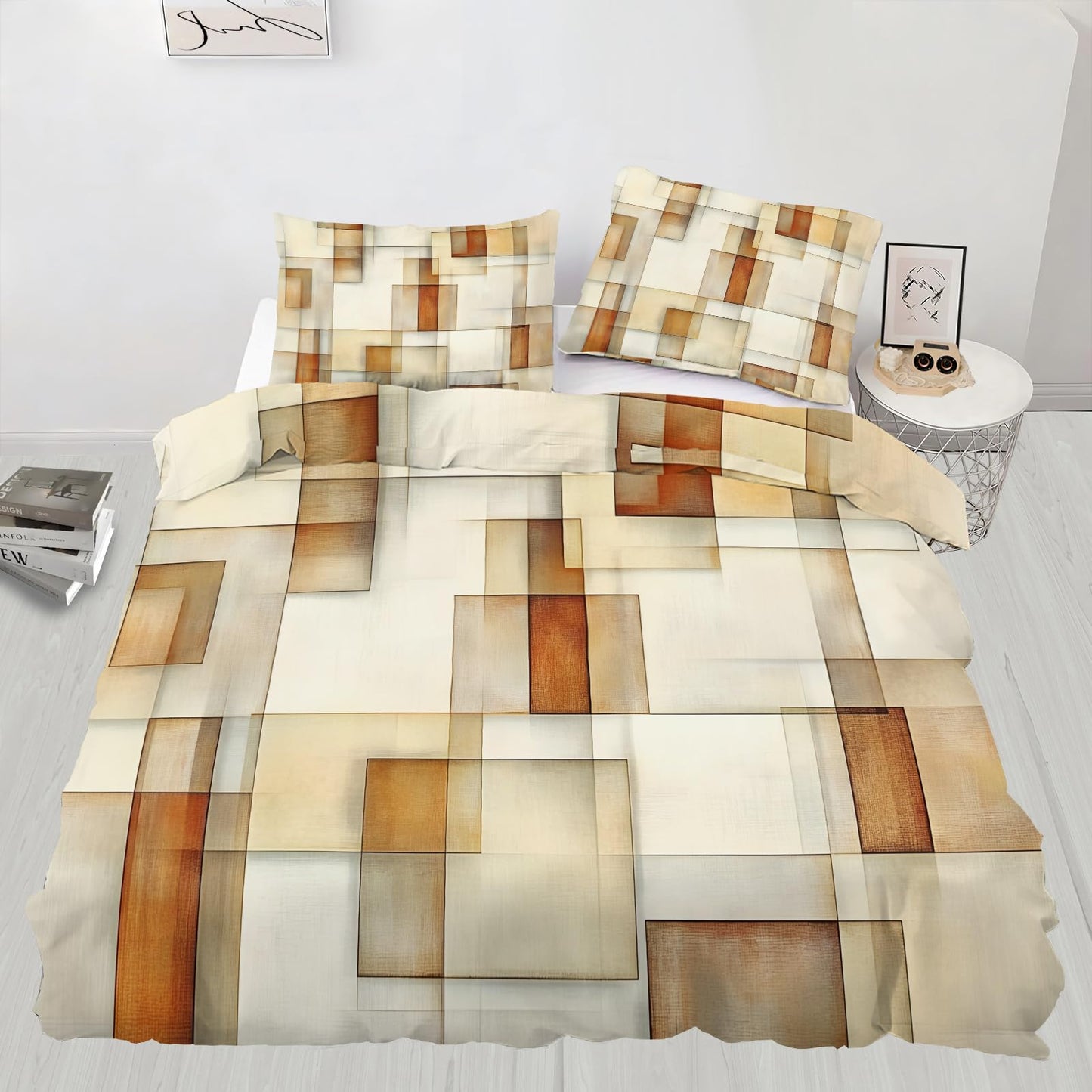 GKPLY Geometric Bedding Sets King, Abstract Squares Duvet Cover & Bedroom Decor, Modern Minimalist Comforter, Zipper Closure, 2 Pillow Cases, Earth Tone Reversible Print Bedding Duvet Cover Set