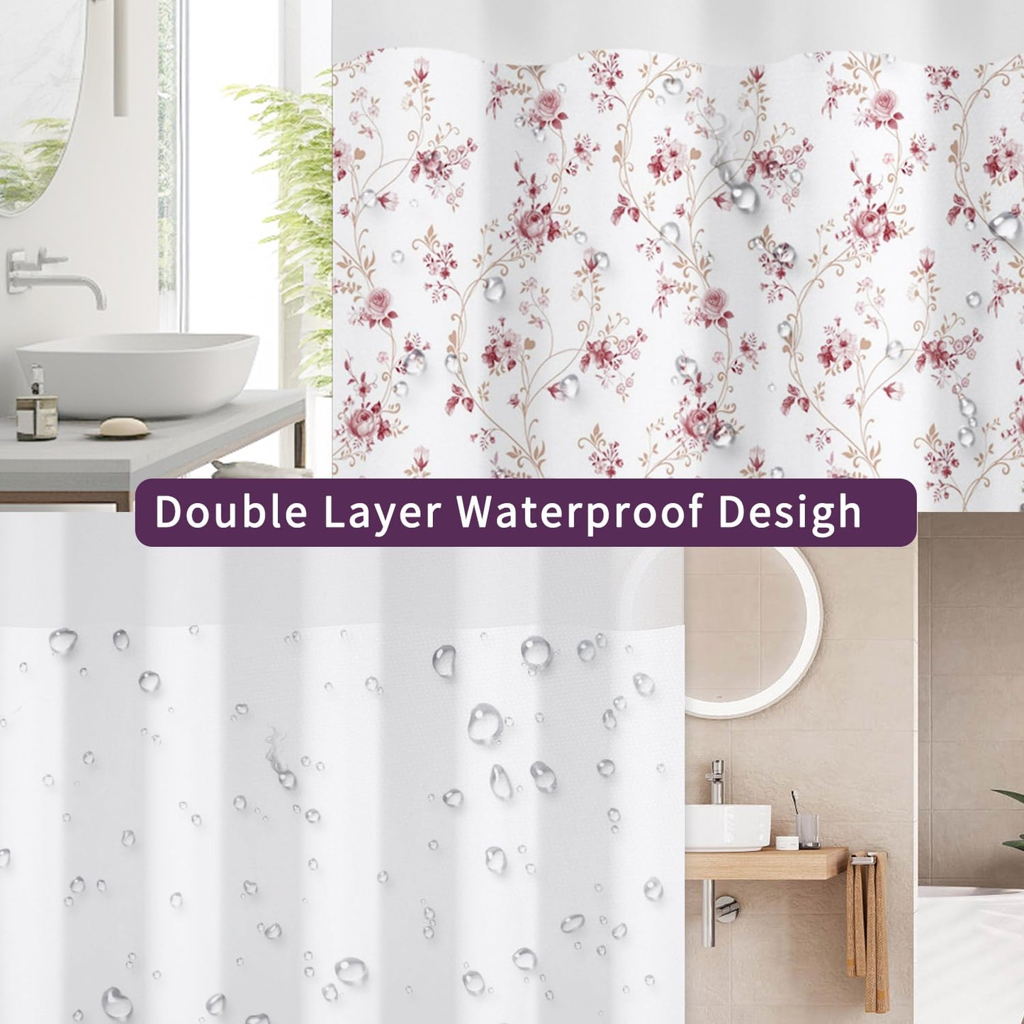 NAEMBCU Boho Floral No Hook Shower Curtain with Snap in Liner Set 71x74 in