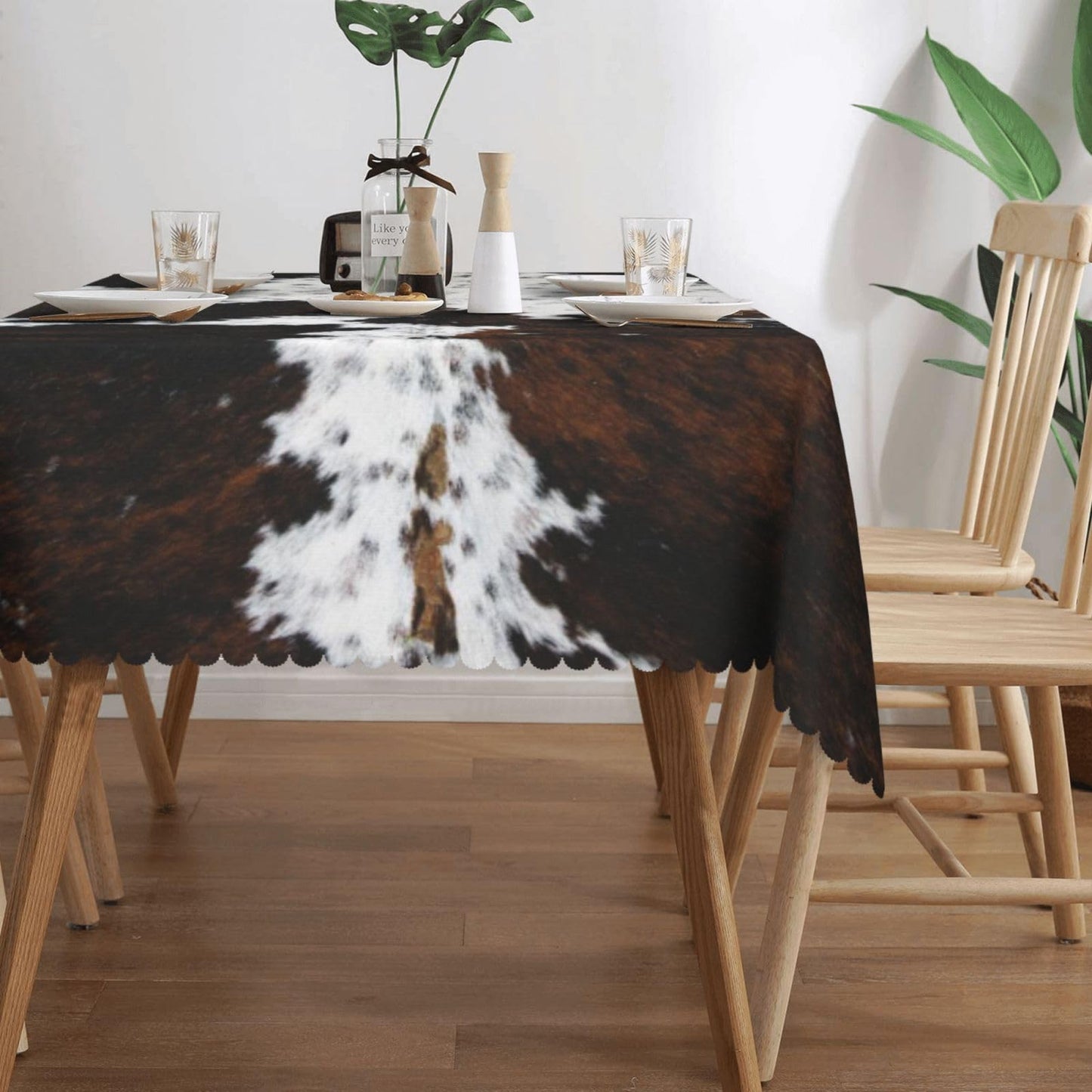 GOUROISE White and Brown Cow Print Rectangular Tablecloth, Animals Skin 54x72 Inch Wavy Lace Border Polyester Table Cloth for Dining, Kitchen, Parties