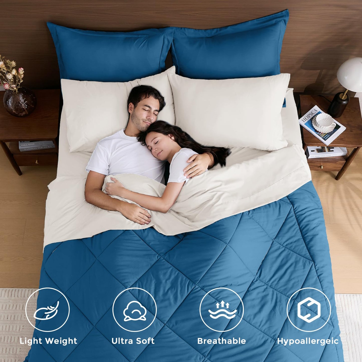 HEVUMYI Teal Blue & Ivory Queen Comforter Set - 7-Piece All Season Bed in a Bag Queen, Ultra Soft Bedding Set with Comforter, Flat Sheet, Fitted Sheet, Pillowcases, Pillow Shams, Teal Blue & Ivory