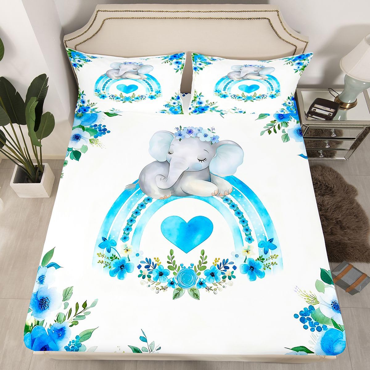 Erosebridal Elephant Bed Sheets Full | Rainbow Heart Pattern Sheet Set for Kids Boys Girls Bohemian Colorful Floral Sheets African Cartoon Wild Animals Flat Fitted Sheet 3 Pcs