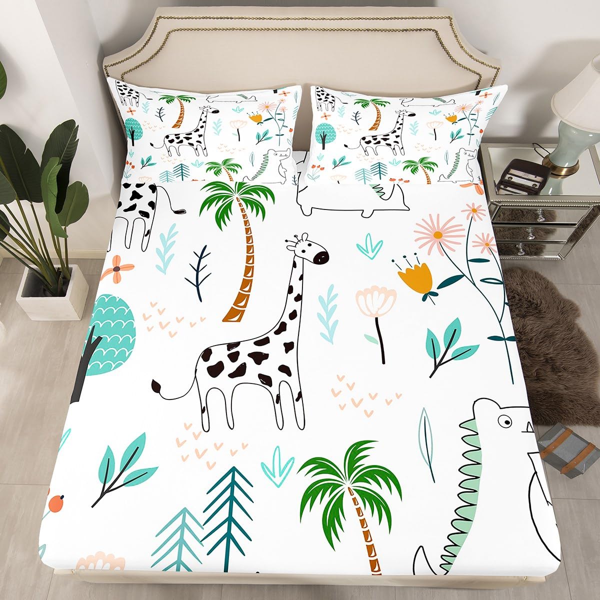 Cute Giraffe Bed Sheet Set for Kids,Cartoon Dinosaur Sketch Sheets Set,Coconut Tree Flowers Wildlife Home Decor Sheet Sets with Deep Pocket,Top Sheet,1 Pillow Case,Twin