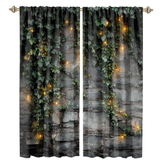 XSUPFLYM Rustic Vintage Stone Wall Blackout Curtain for Living Room Classic Realistic Spring Landscape Botanical Plant Green Leaves Thermal Insulated Curtain for Bedroom 2 Panels Each 21" W x 54" L