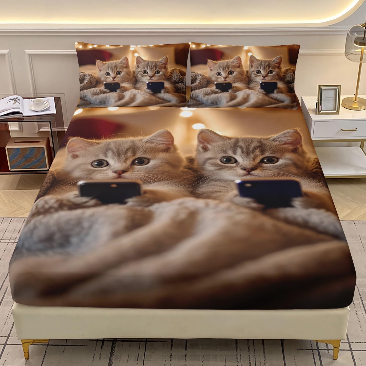 AILONEN Lovely Cat Fitted Sheet Set Queen,Pet Cats Animal Themed Deep Pocket Sheets + 2 Pillowcases,3-Piece Kawaii Kitten Printed Soft Bed Sheet Set for Kids Boys Girls