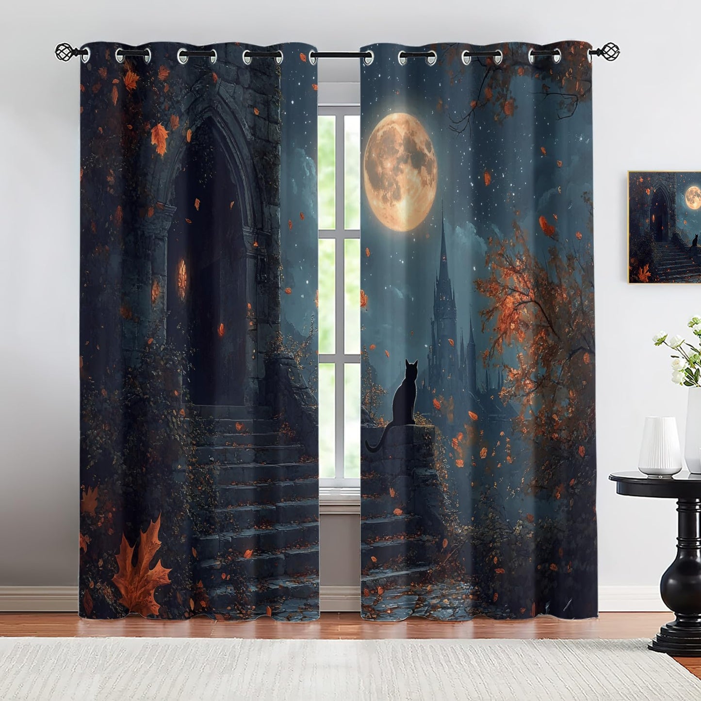 MPUTIE Black Cat Curtains 72 inch Long, Magical Castle Window Curtains for Bedroom, Grommet Room Darkening Drapes for Kitchen, Full Moon Drapes, Cat Room Decor, 2 Panels