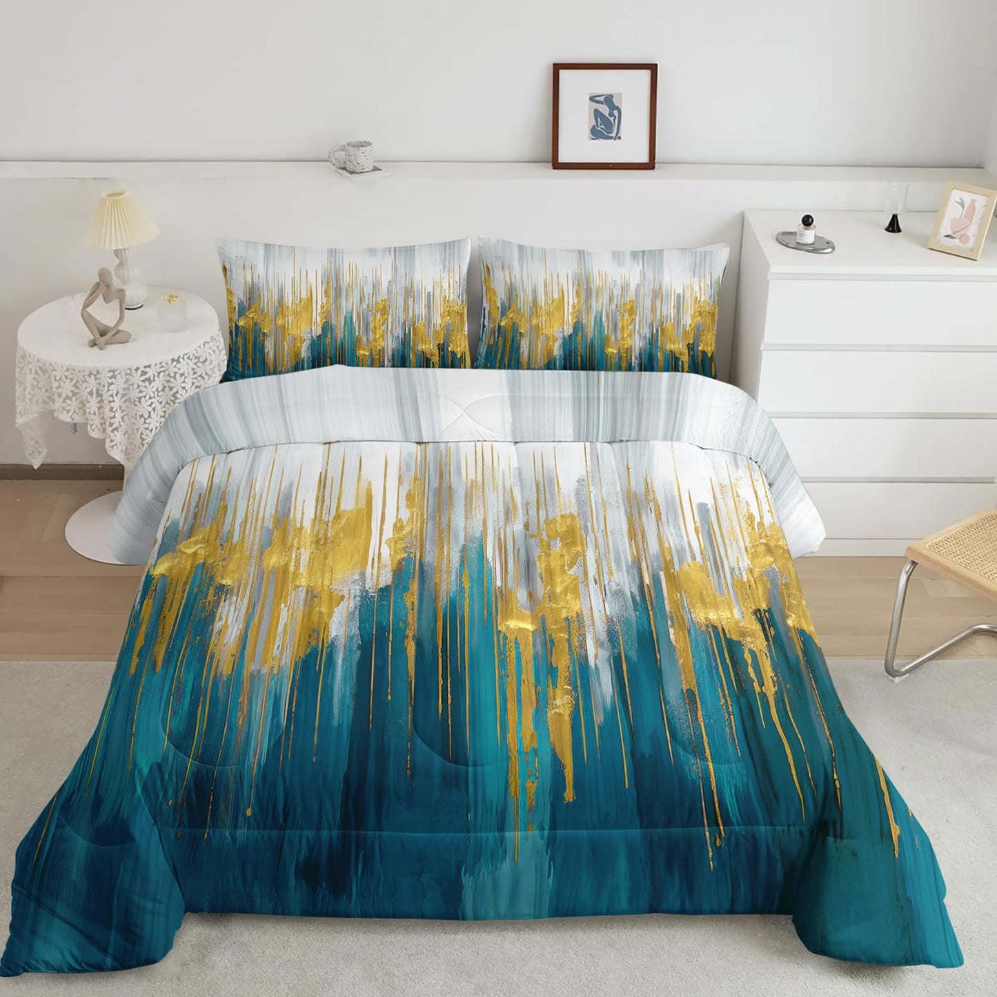 Nttopship Lake Blue White Golden Gradient Print Comforter Set King Size,Abstract Art Bedding Set,Patchwork Printed Quilted Set for Teens Adult,with 1 Comforter and 2 Pillow Case