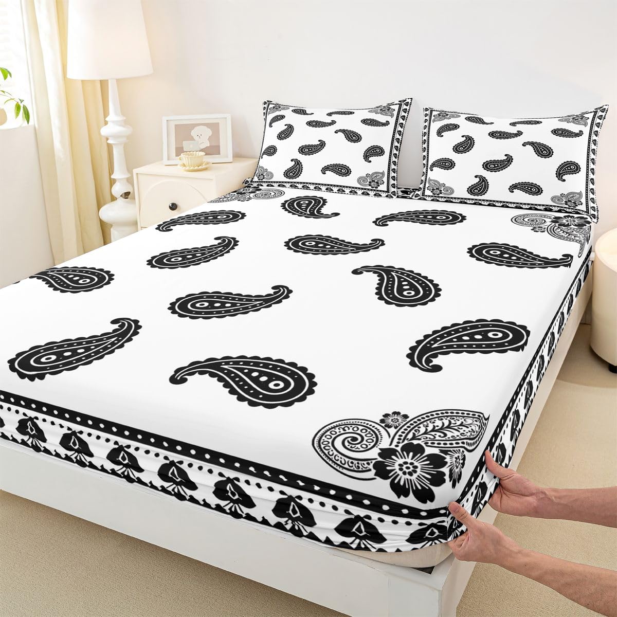 Erosebridal Paisley Floral Bed Sheets Set Full Mandala Exotic Chic Flower Sheet Set Retro Boho Sheets Black White Flat Fitted Sheet