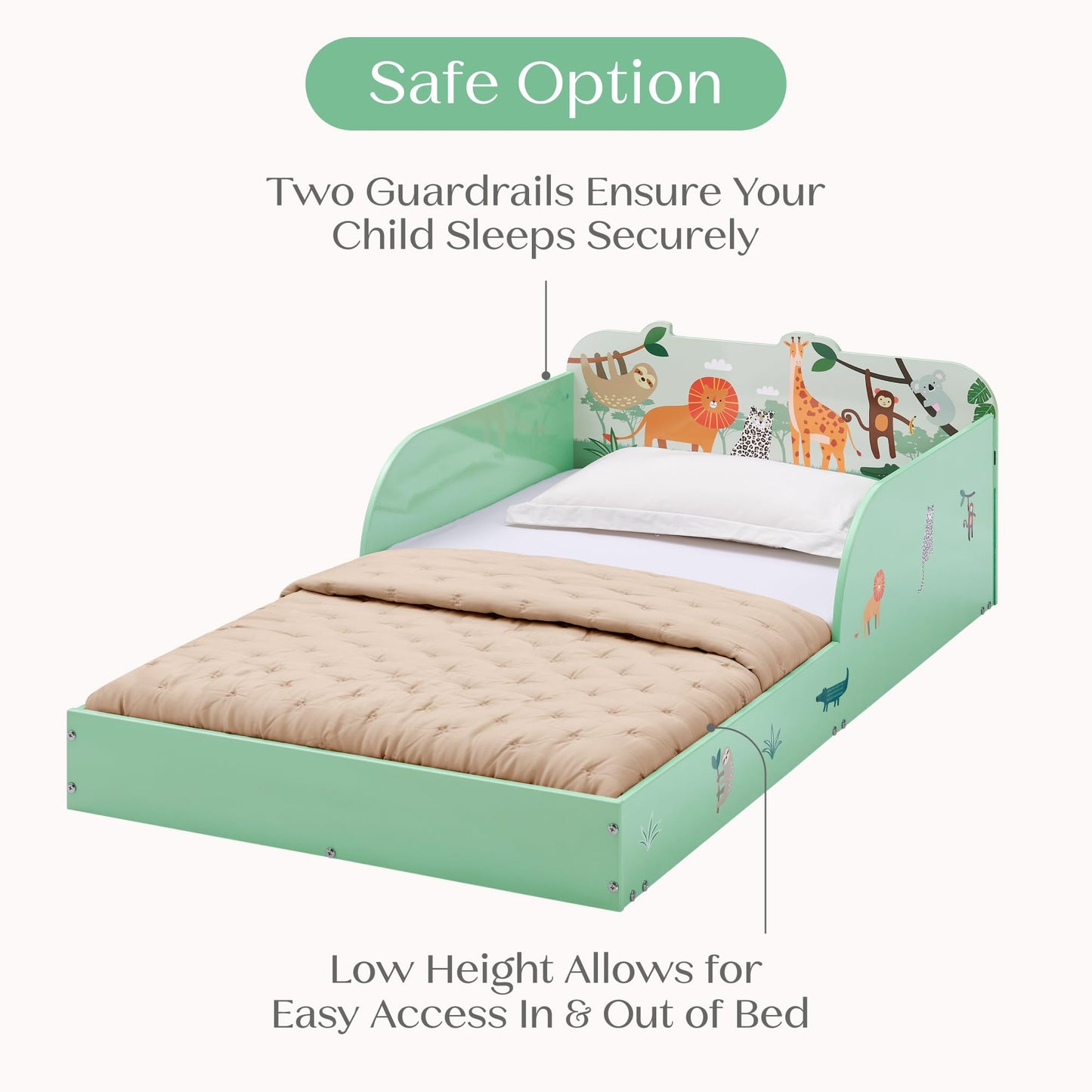 Delta Children Safari Wood Floor Toddler Bed with Reusable Stickers, Green