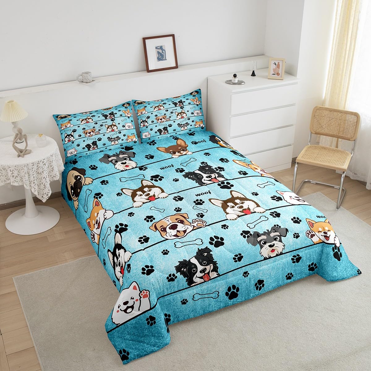Manfei Cute Dog Comforter Set for Kids Room Decor Cartoon Puppy Pet Animals Bedding Comforter Twin Size Black Paw Print Blue Soft Polyester Quilt Set with 1 Pillowcase