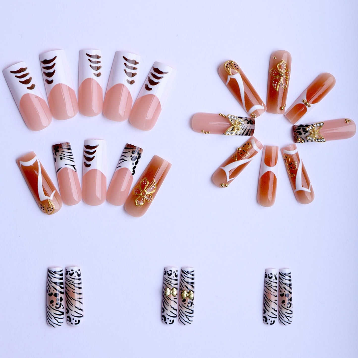 SEENEEY Long Press on Nails Square Fake Nails Brown Artificial Nail Gold Butterfly and Flowers Designs Leopard Stick on Nail for Women 24pcs