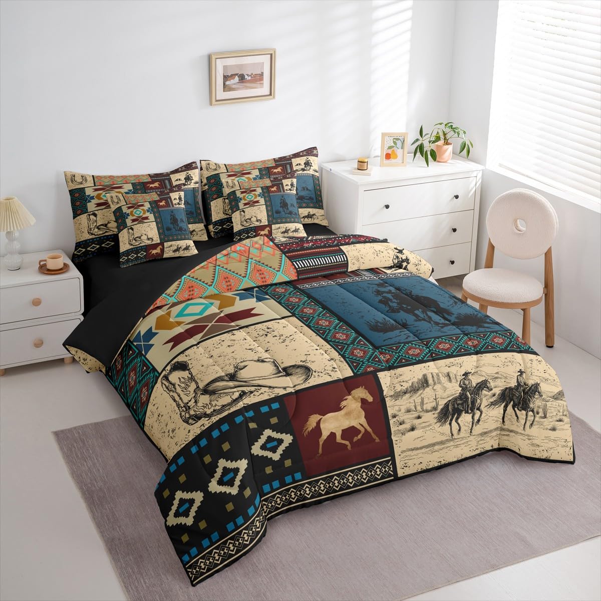 Erosebridal 7 Pieces Western Cowboy Bedding Set Full Size | Cowgirl Patchwork Southwestern Comforter Set for Kids Teens Adults Country Farmhouse Bed in A Bag Horse Rustic Cabin Bedding Collections
