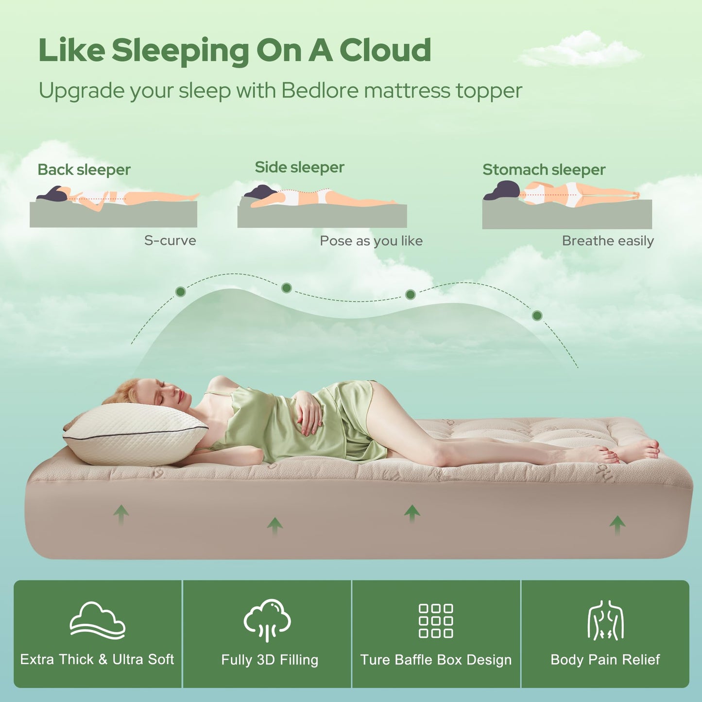 BEDLORE Full Size Mattress Topper Viscose Derived from Bamboo, Thick Pillow Top Mattress Pad with Stretchable Pockets for 6"-15" Mattress, Breathable Mattress Topper for Back Pain Relief(Beige)