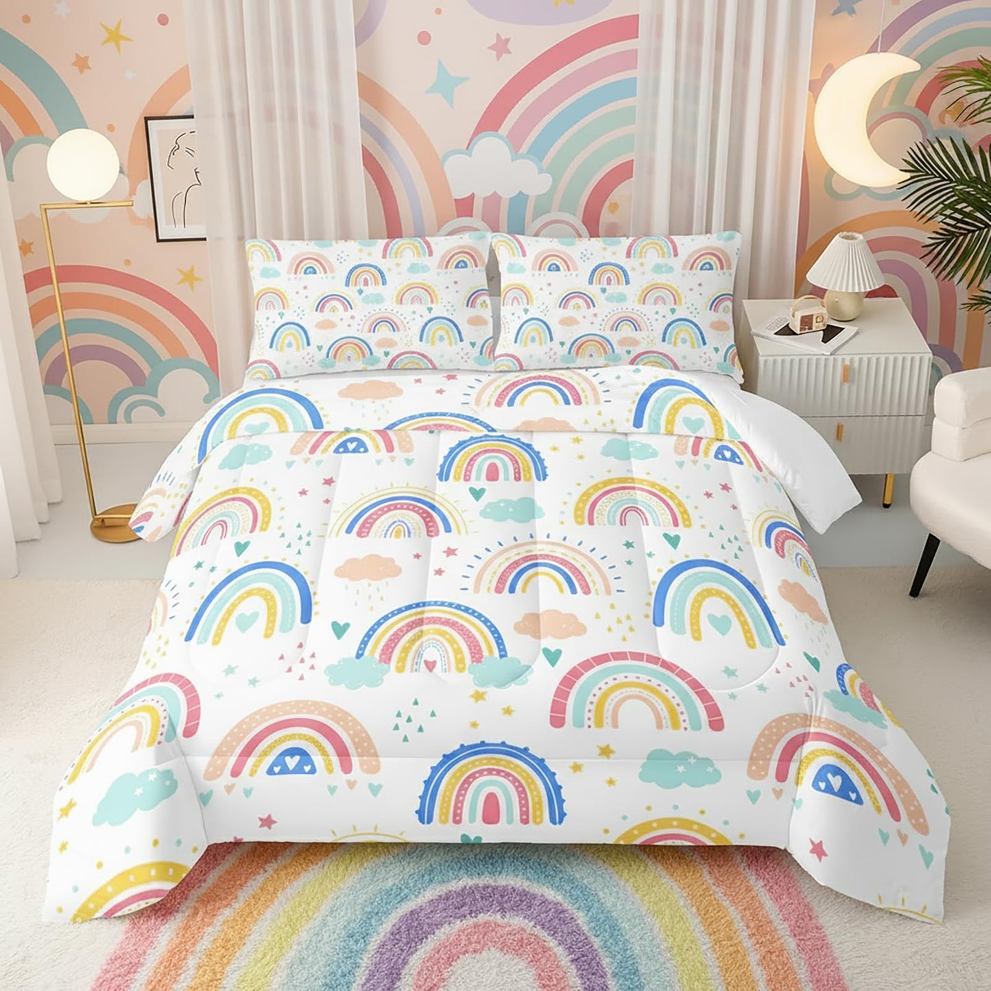 QOOMO 3Pcs Rainbow Comforter Set Twin,Cloud and Star Bedding Set for Teens Boys Girls,Colorful Printed Comforter with 2 Pillowcases,Down Alternative,Soft and Lightweight