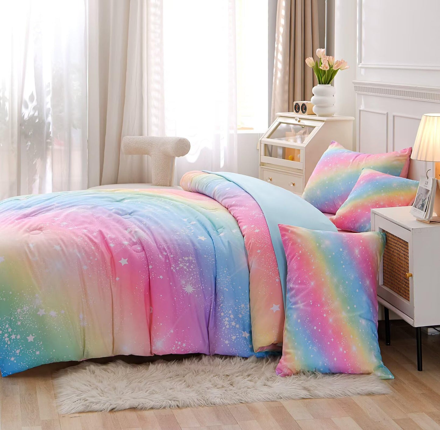 GRAT TIOC 6 Pieces Pink Twin Comforter Set for Girls,Kids Glitter Galaxy Rainbow Bedding Sets Bed in A Bag (1 Comforter, 1 Flat Sheet,1 Fitted Sheet,2 Pillowcases and 1 Cushion Cover)