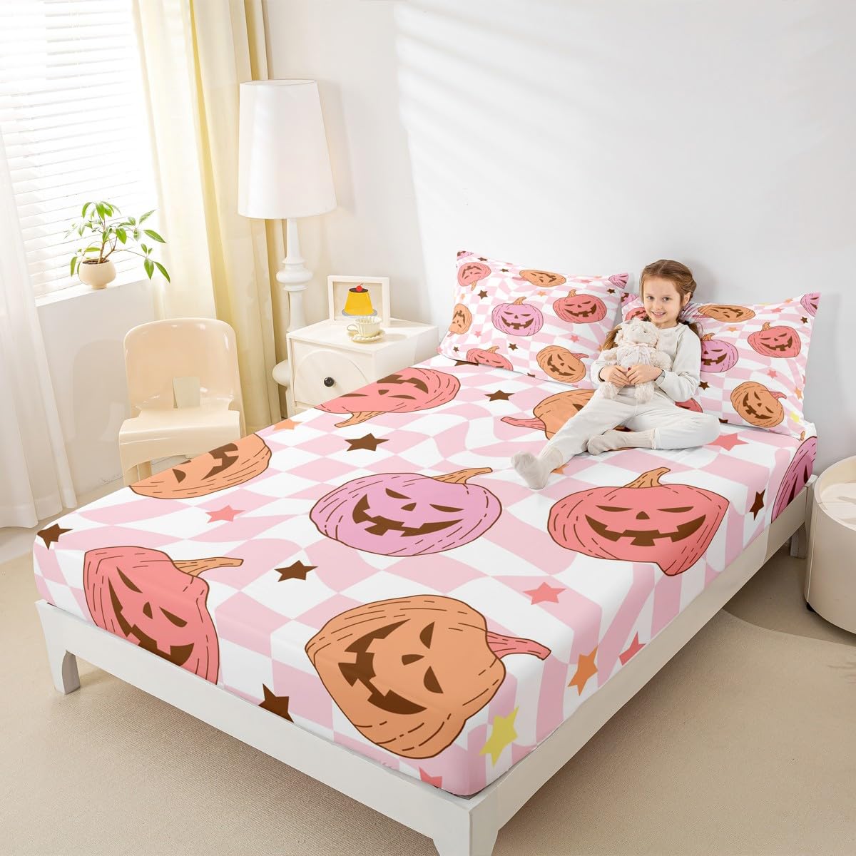 Feelyou Pink Halloween Fitted Sheet with 2 Pillowcases Full Size Halloween Decor Bed Sheets Set 16" Deep Pocket Boys Girls Pumpkin Bedding Trick or Treat Teens Bedroom Decor Breathable Microfiber