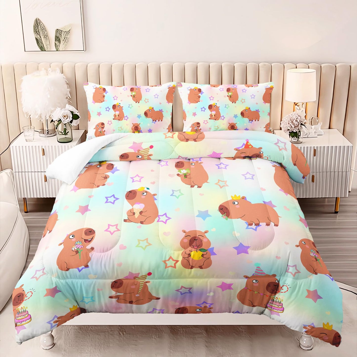 AILONEN Kawaii Capybara Comforter Set Full Size,Cute Cartoon Capybara Rainbow Bedding Set for Girls Kids,Lovely Animal Star Quilt & 2 Pillowcases-3 Pieces