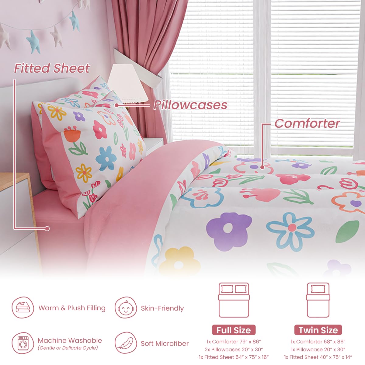 SANDJEST Floral Twin Bedding Sets for Girl, Ultra Soft Microfiber Comforter Bed Set with 3-Pieces, Flower Comforters Sets for Kids Children Girl Teen Tween Bedroom Decor