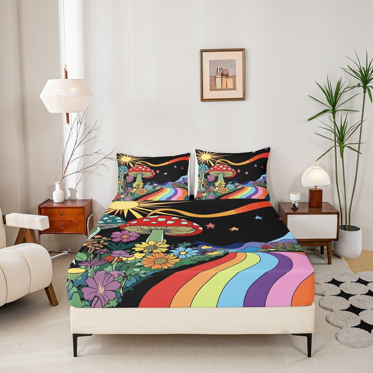 Erosebridal Trippy Mushroom Sheet & Pillowcase Sets Groovy Floral Bed Sheets Rainbow Striped Sheet Set Queen Hippie Boho Eye Sheets Starry Night Bedding 70s Theme Decor with 2 Pillowcase