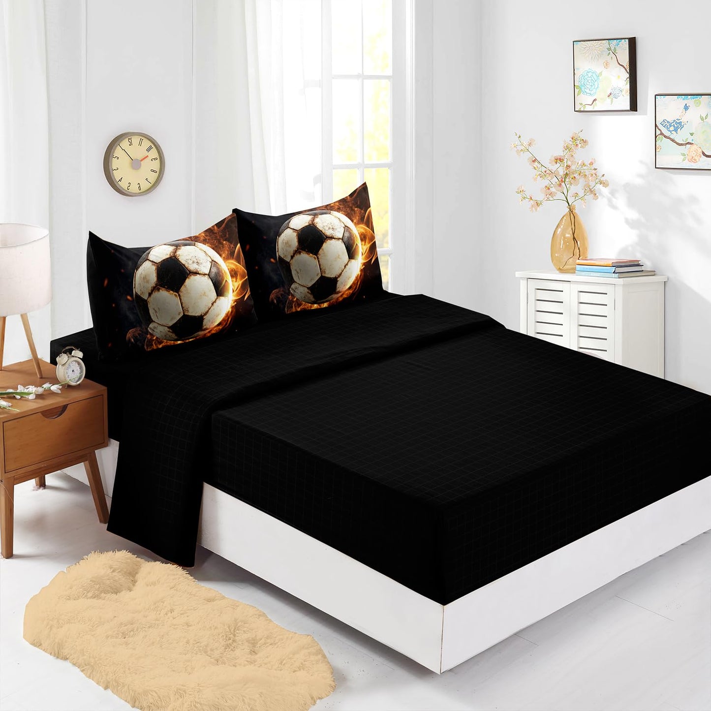 XYNHML Soccer Print Comforter 7Pcs Gaming Sport Flame Soccer Bedding Set for Kid Teen Girl Boy Adult Sports White Black Football Quilt Bed Set Twin with 2 Sheets,2 Pillowcases,2 Throw Pillow Covers