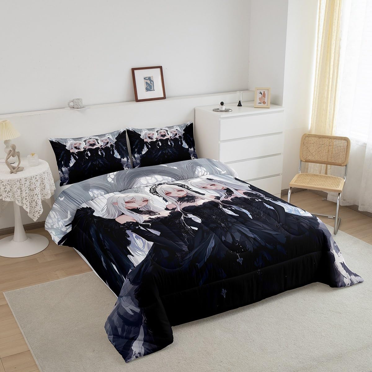 Erosebridal Japanese Anime Full Size Comforter Set, Anime Girl Bedding Set Kawaii Japanese Style Quilt Cartoon Japan Animation Duvet Insert for Boys Teens Adult Women Bedroom Decor, Black
