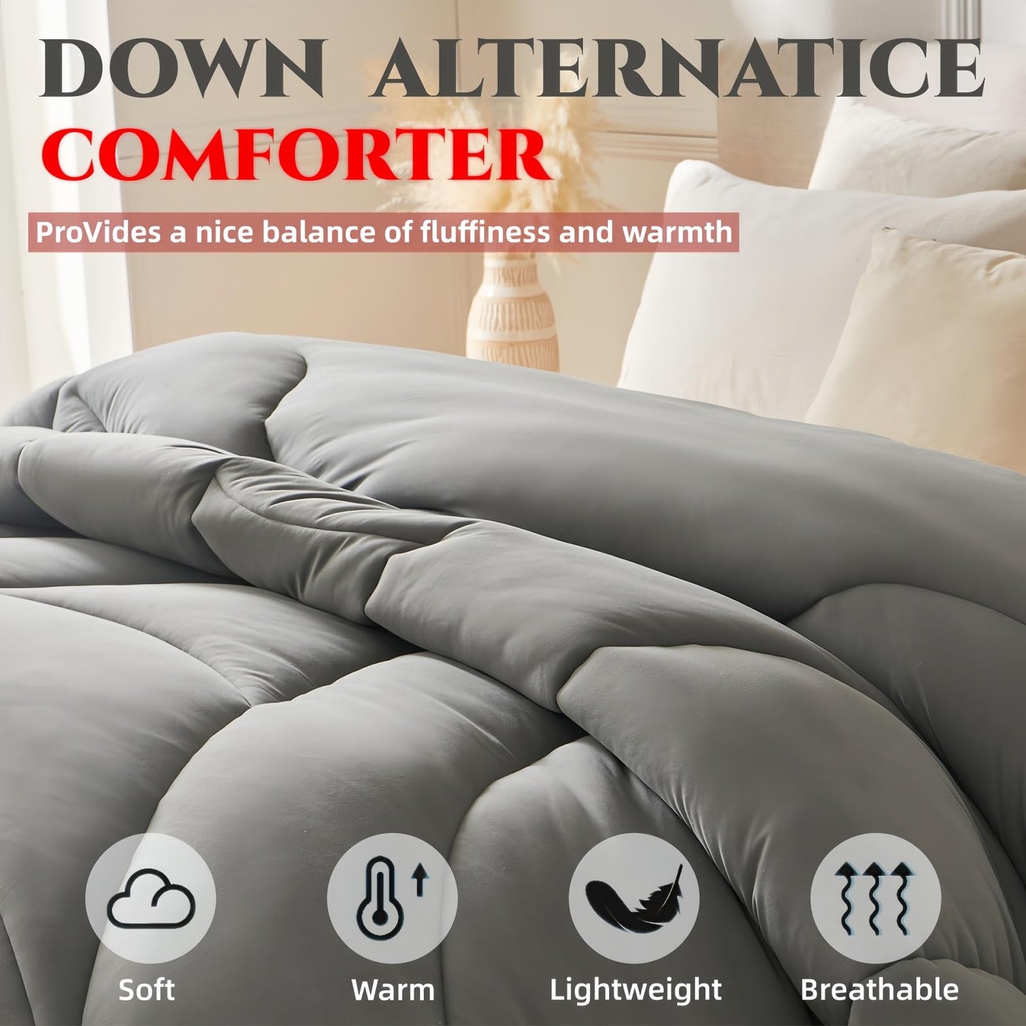 Yuncojin Down Alternative Comforter King Size,Soft Fluffy Duvet Insert for All Seasons,Lightweight Winter Bed Quilt,Skin Friendly,Gray,104"x90"