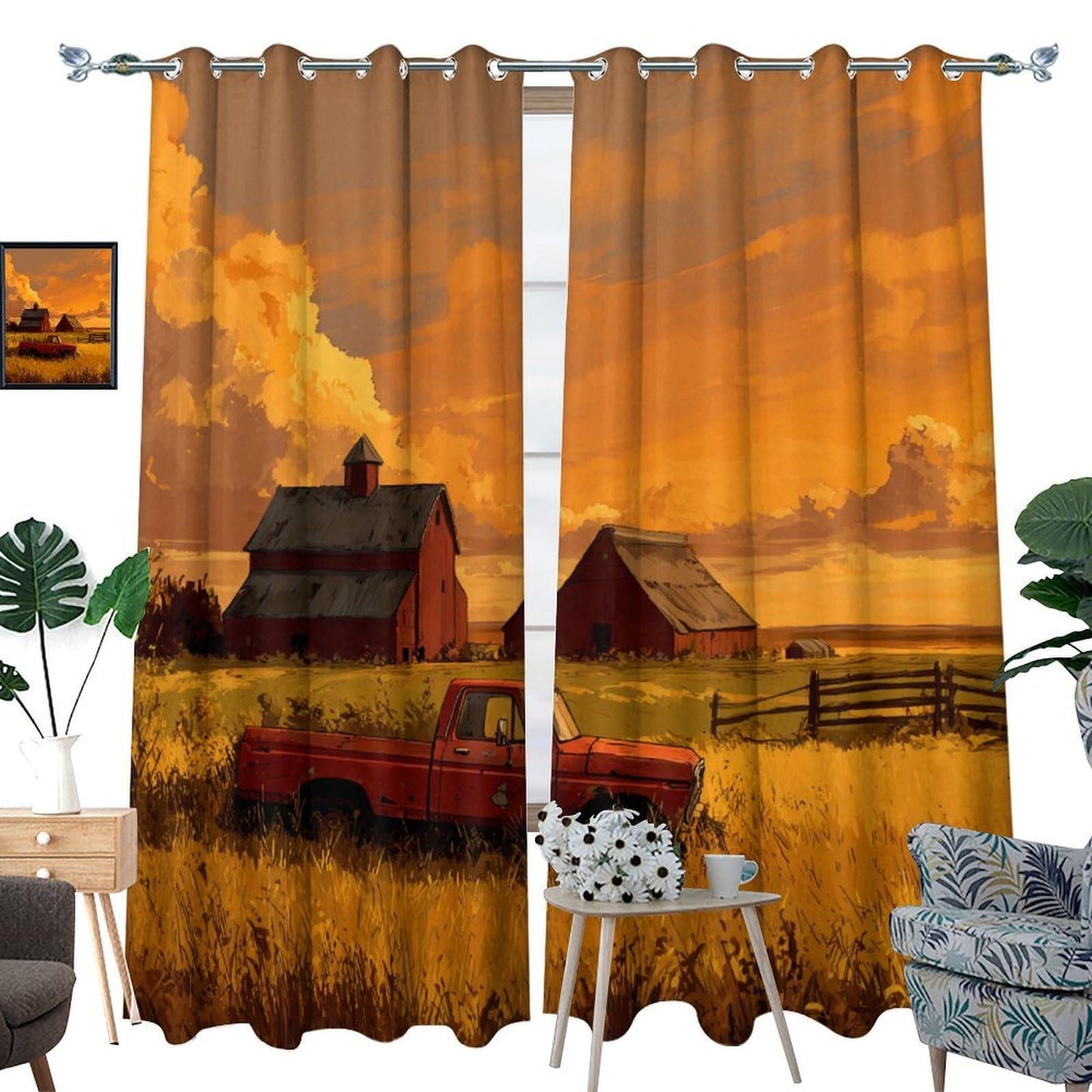 NAQSKQF Farmhouse Red Truck Barn Sunset Blackout Curtains, Grommet Thermal Insulated Window Drapes, Vintage Wheat Cloud Fence Print for Bedroom Living Room, 21W x 45L Per Panel, Set of 2 Panels