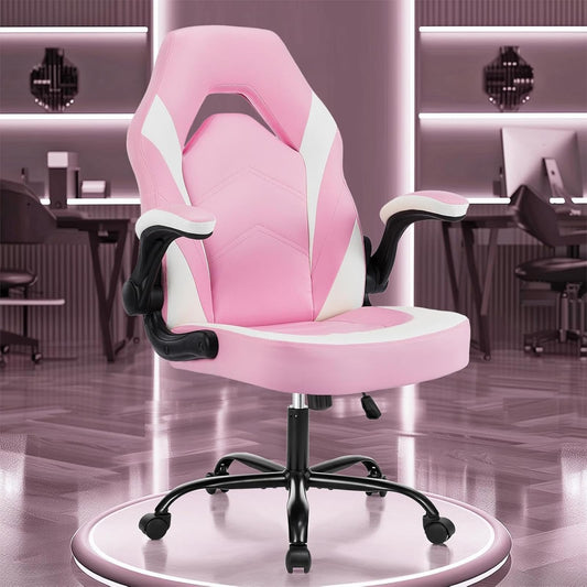 OLIXIS Computer Gaming Desk Chair - Big and Tall Ergonomic Lumbar Support with Flip-up Armrest and 360° Swivel Wheels, PU Leather Height Adjustable, for Home and Office, Pink and White