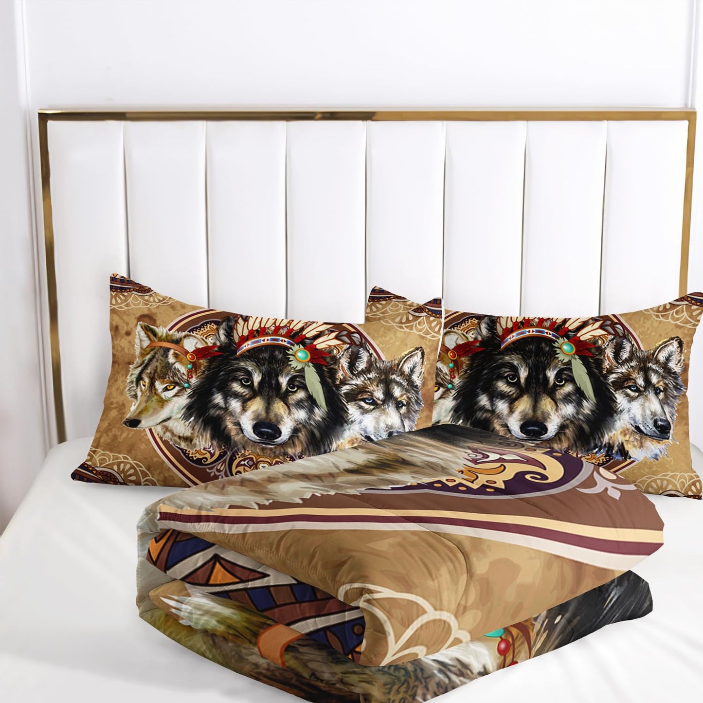 AILONEN Dreamcatcher Wolf Comforter Set Queen Size,Native American Wolf Bedding Set,Bohemian Comforter Sets,American Indian Theme Duvet Set 3 Pieces, 1 Quilt and 2 Pillowcases