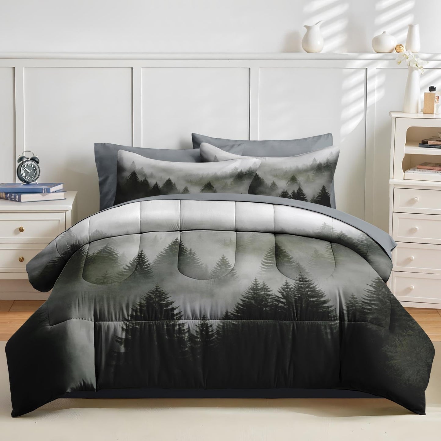 Nesker Comforter Set Full Size, Tree Mountain Forest 7 Pcs Bedding for Kids and Adults, Wood Fog Pine Bed Sheet Sets with Fitted Sheet 2 Pillowcases & 2 Shams