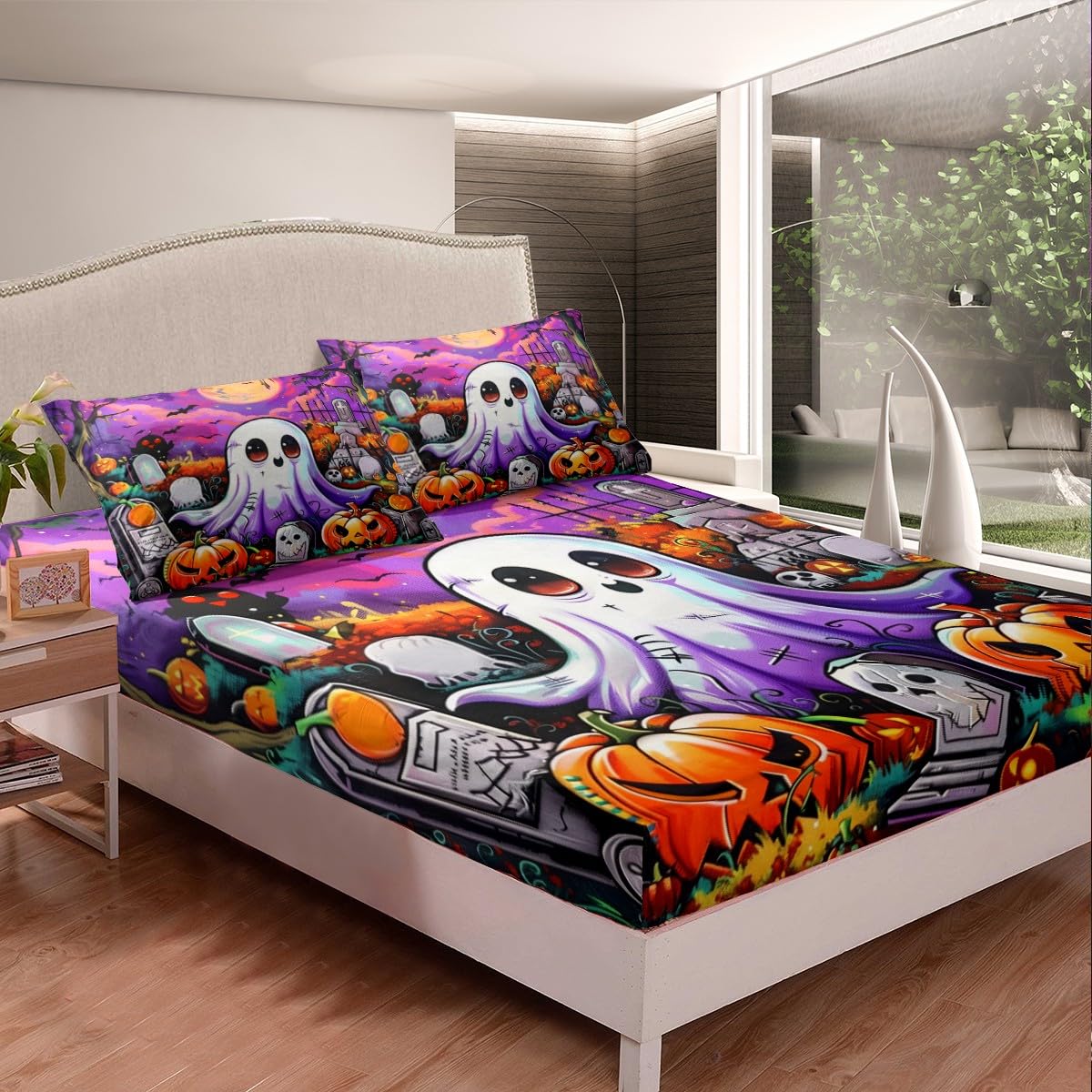 Kids Kawaii Ghost Fitted Sheet 3 Pcs,Cartoon Halloween Theme Soft Microfiber Sheets Breathable Bedding,Purple Moon Night Cute Decor Bedsheet with Deep Pocket