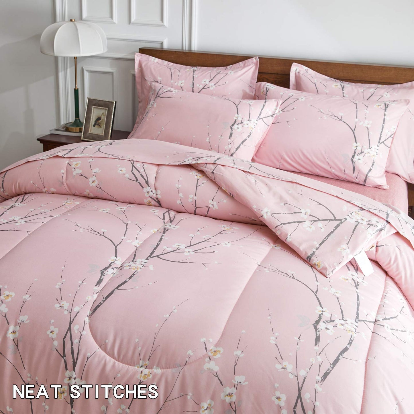 AIKASY Bed in a Bag 7 Pieces King Size - Floral Print - Soft Microfiber, Reversible Bed Comforter Set (1 Comforter, 2 Pillow Shams, 1 Flat Sheet, 1 Fitted Sheet, 2 Pillowcases)（Pink, King）