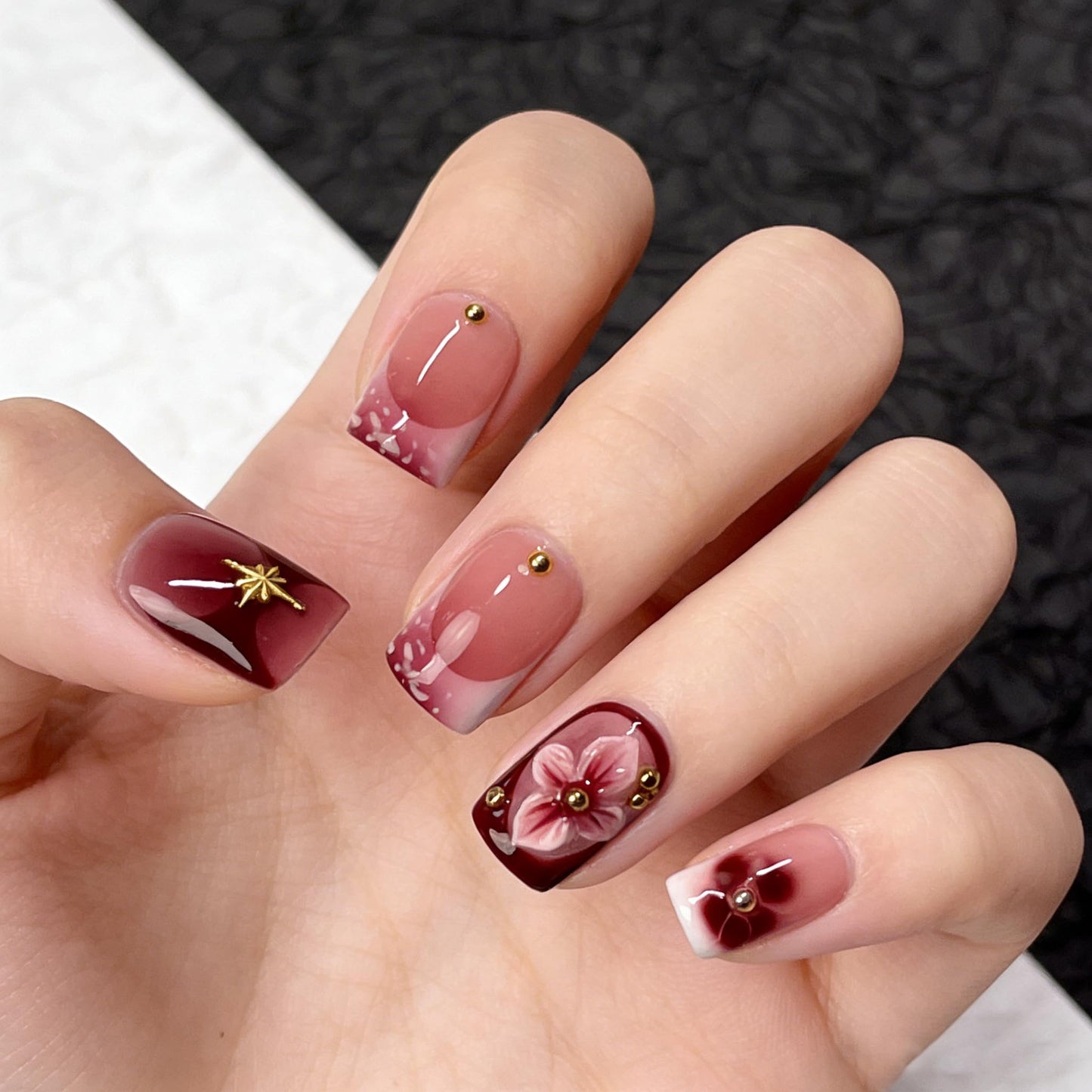 Handmade Press on Nails Glossy Cherry Red False Nails with 3D Flower & Golden Steel Designs Gradient French Tip Thicked Fake Nail Full Cover Muti-Layer Gel Acrylic Stick on Nails for Women (M)
