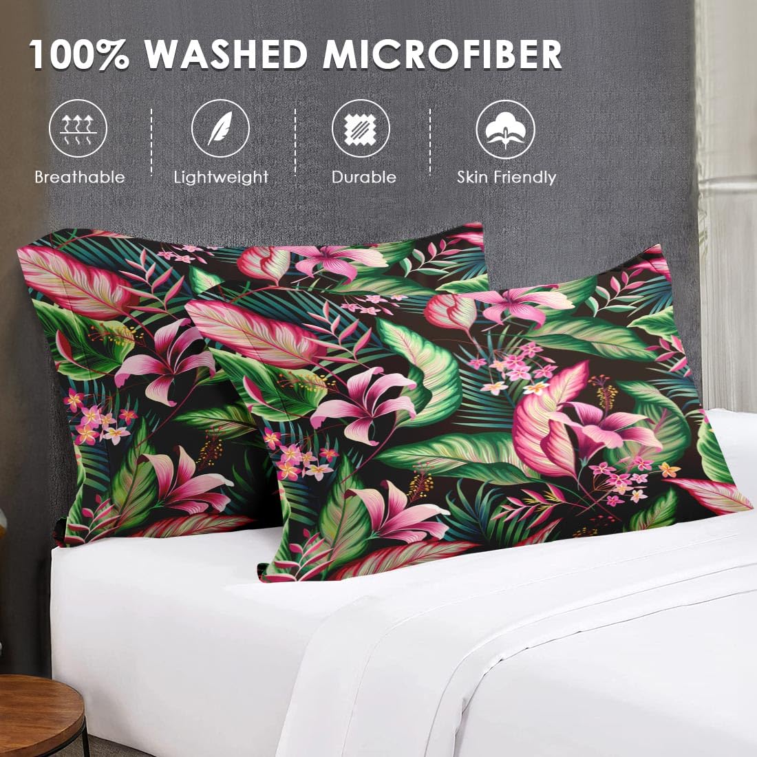 WeCozy Queen Size Comforter Set with 2 Pillowcases, Tropical Leaves Flower Hibiscus Soft 3 Pcs Bedding for Kids and Adults Bedroom Bed Decor