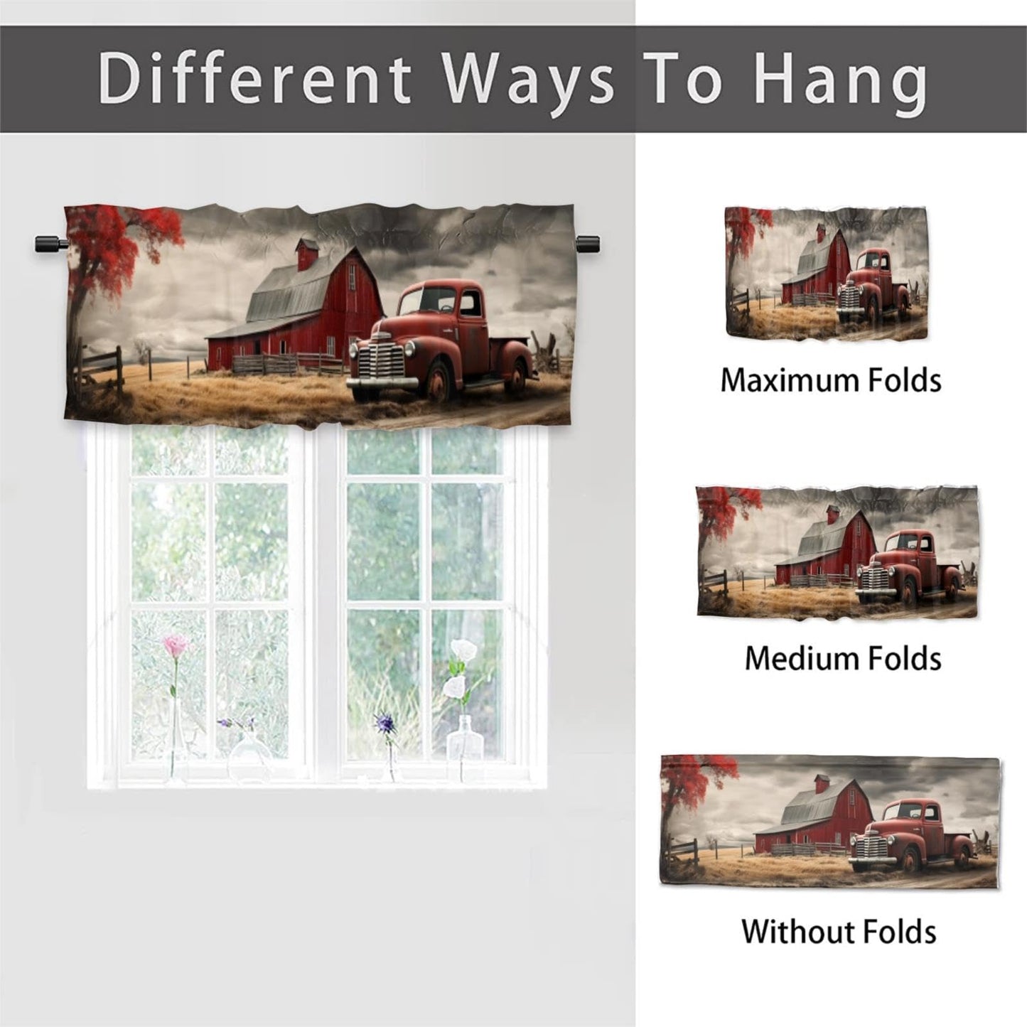 Dabuniu Vintage Red Truck Blackout Valance Curtain for Kitchen Farmhouse Old Barn Rustic Country Farm Truck Rod Pocket Valances for Bedroom Living Room Dining Room 54 by 18 in, 1 Panel