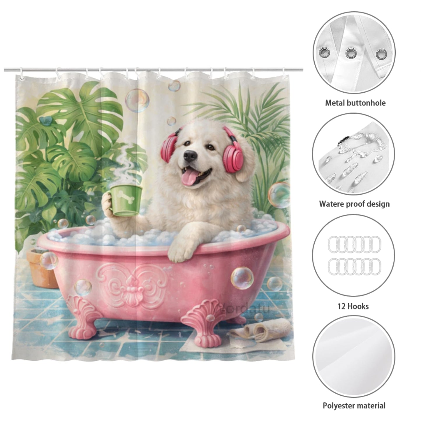 Wordatu Great Pyrenees Bathtub Green Plants Shower Curtain Cute Pet Animal Bathroom Waterproof Shower Curtain 72x72 with 12 Hooks（24455）