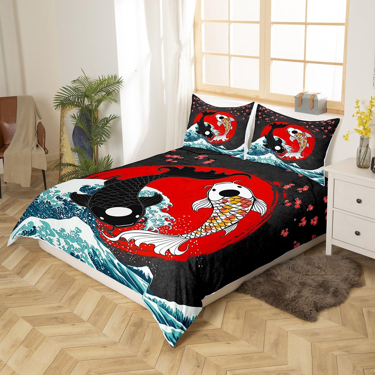 Japanese Fish Duvet Cover Set Full Size,Fantasy Yin Yang Cherry Blossom Flowers Comforter Cover with 2 Pillowcases,Blue Sea Wave Breathable Bedspread for Boys Teens,Pillow Sham