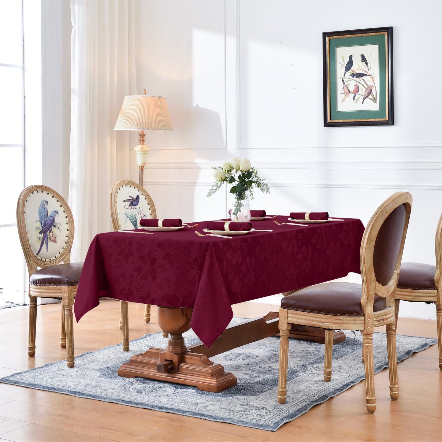 Romanstile Jacquard Rectangle Tablecloth, Elegant Waterproof Damask Floral Pattern Table Cloths Heavy Weight Decorative Table Covers for Dinner/Parties/Holiday - 60 x 102 Inch, Burgundy