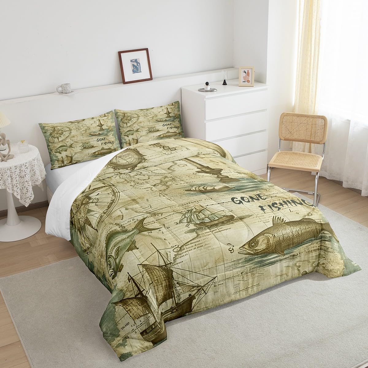 Hunt Fishing Comforter Set Queen Size,Bass Fish and Sailboat Bedding Sets for Boys Men Adult Room Decor,Retro Rustic Farmhouse Down Comforter,Lake House Fishhook Lover Quilted Duvet,2 Pillowcases