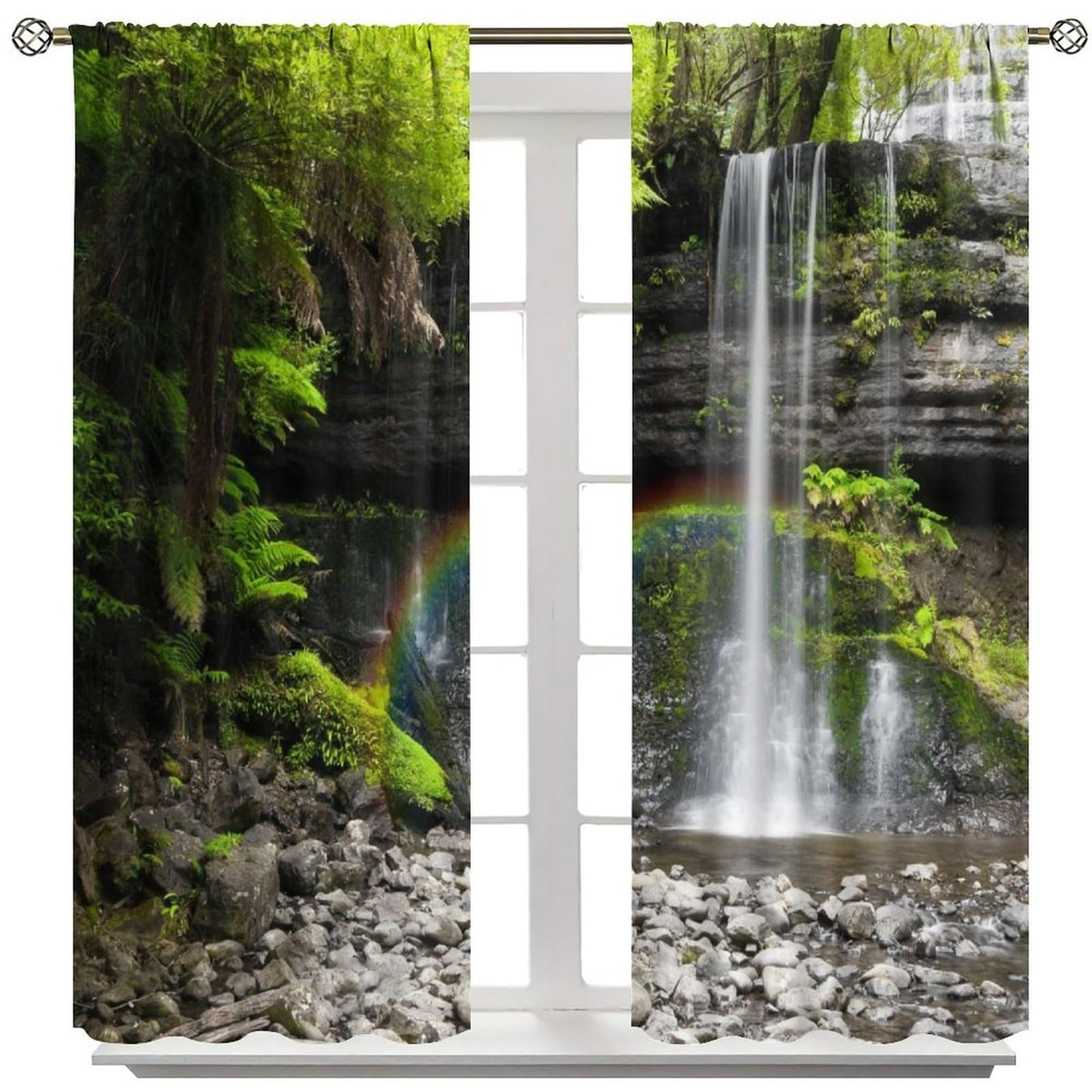 Natural Landscape Waterfall Blackout Curtains, Forest Falls Spring Natural Scenery Green Plant Tree Leaf Rod Pocket Window Drapes, for Bedroom Living Room 42" W X 45" L