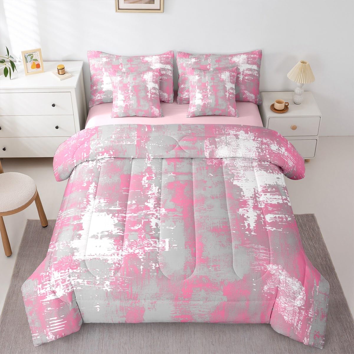 Feelyou Abstract Comforter Set Queen Size 7 Pieces Modern Abstract Art Bedding Set Pink White Bed in a Bag with Comforter, Sheets, Pillowcases, Cushion Covers Luxury Bedroom Decor Geometric