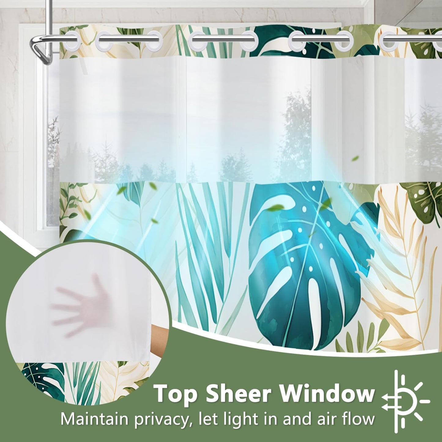 Sage Green Tropical Leaves Shower Curtain and Liner Set, Monstera Palm Leaf Botanical Design Bathroom Curtains, Waterproof Double Layers Fabric No Hook Shower Curtain with Top Mesh Window, 71x74 Inch