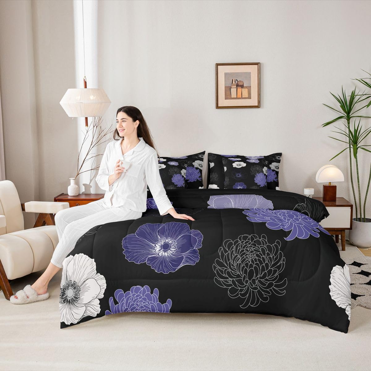 Feelyou Floral Flower 7 Piece Bedding Set Black Purple Comforter Set with Sheets for Kids Boys Girls Poppy Flower Hydrangea Bed in a Bag Damask Print Bed Set Soft Lightweight