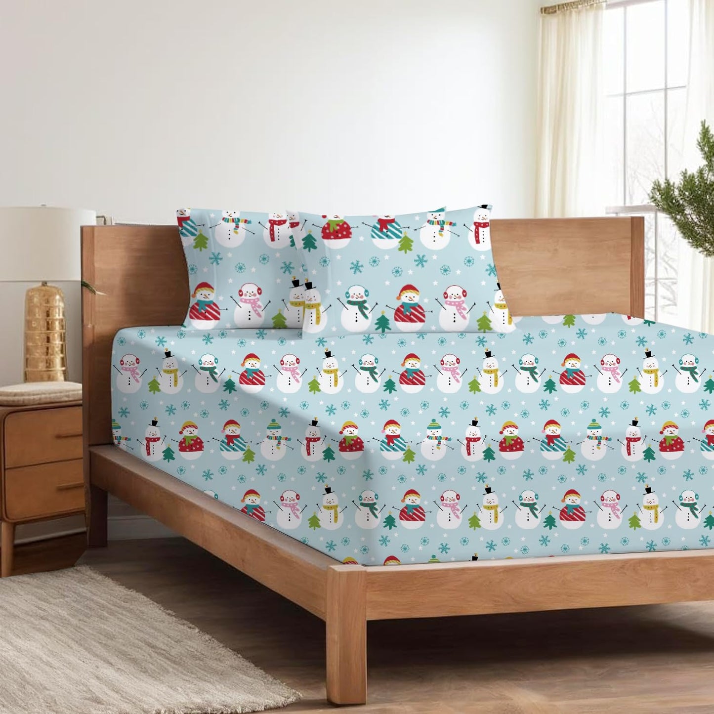 Shreem Linen Queen Sheet Set - 4 Piece Bedding - Brushed Microfiber Soft Sheets for Queen Size Bed with Flat,Fitted Sheet,2 Pillow Cases (Starry Snowmen)