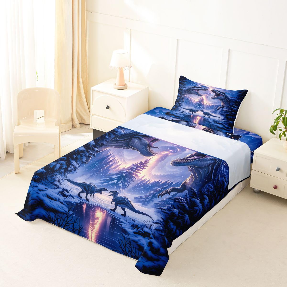 Feelyou Dinosaur Bed Sheets Set Twin Size 3D Digital Print Bed Set Jungle Dino Deep Pocket Fitted Sheet Wild Animal Breathable Soft Lightweight Microfiber Blue Purple