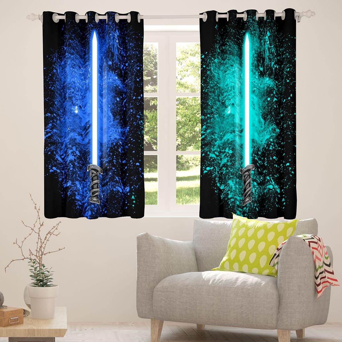 Feelyou Lightsaber Curtains for Girls Boy Home Decoration Lightsaber Rod Pocket Thermal Insulated Blue Teal 2 Panels Window Curtains Darkening Drapes for Bedroom Living Room 42W X 63L Inch
