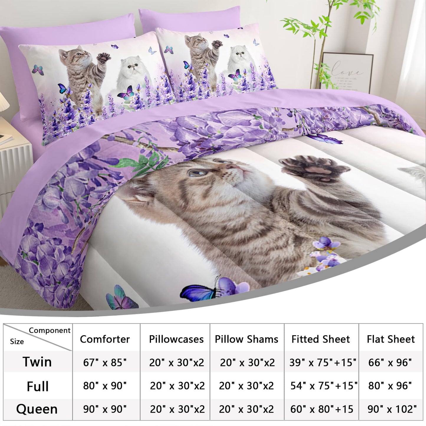 AILONEN Cat Comforter Set Twin Size, Kawaii Kitten Animal with Butterfly Bedding Set for Kids Girls,Purple Flowers Bed in a Bag,Comforter & Fitted Sheet & Flat Sheet,2 Pillowcases,2 Pillow Shams