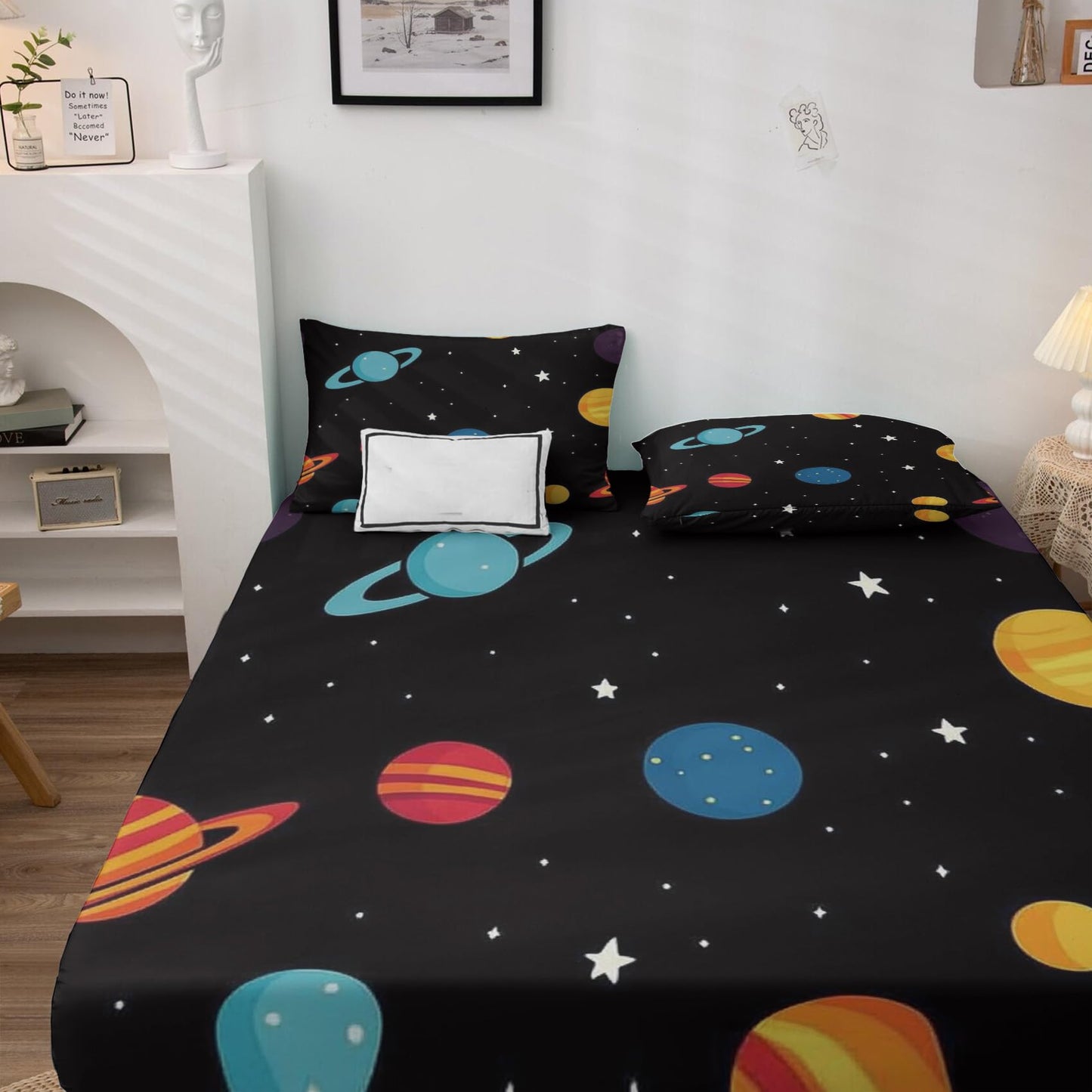 NOGAWA Outer Space Sheets California King Size, Planet Cartoon Boys Girls Bed Sheets, Bedding Sheets & Pillowcases 4 Piece Set - Soft Microfiber Deep Pocket Fitted Sheet & Flat Sheet & 2 Pillow Cases