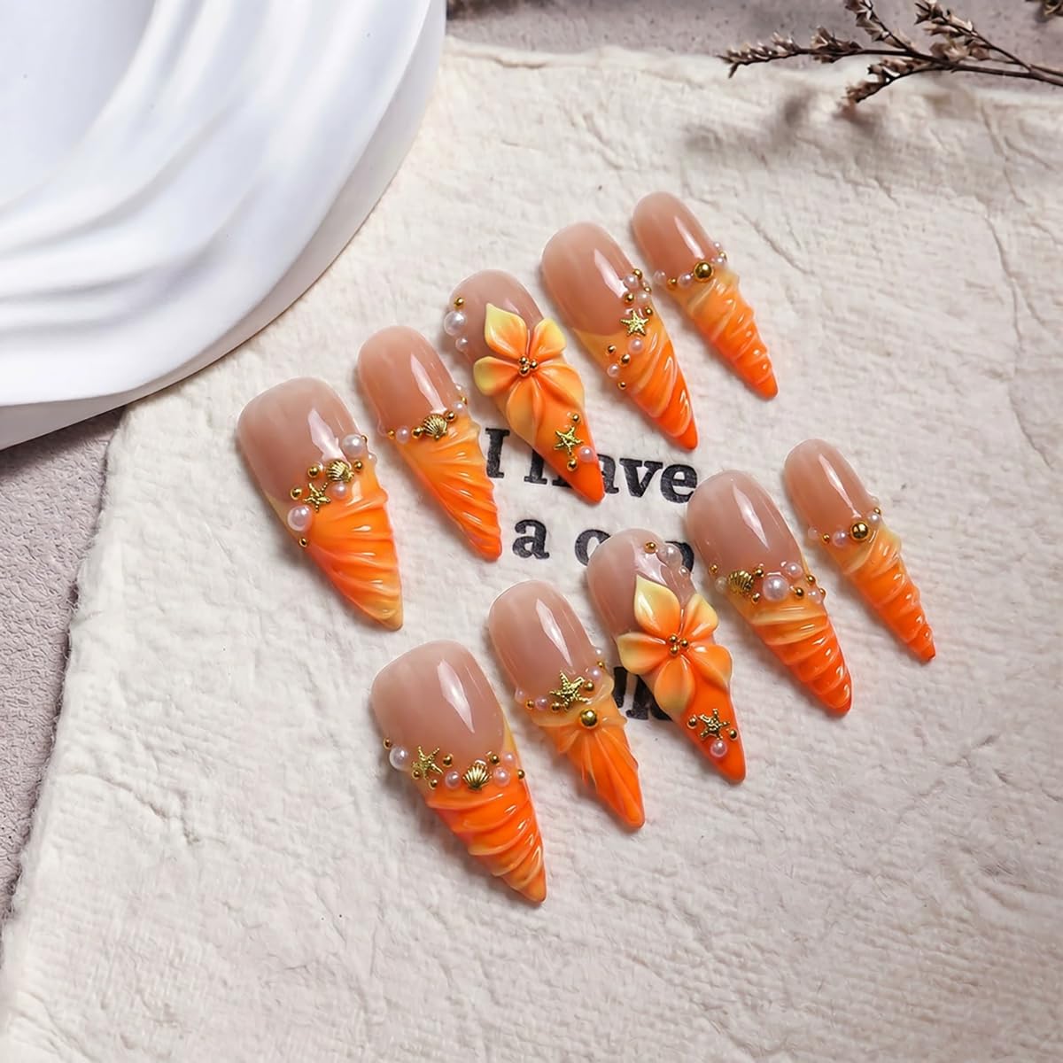 Handmade Press on Nails Long Stiletto False Nails Yellow French Tip Fake Nails with 3D Flower Designs Sparkly luxury Beach Artificial Nails for Women 10pcs (Size M）