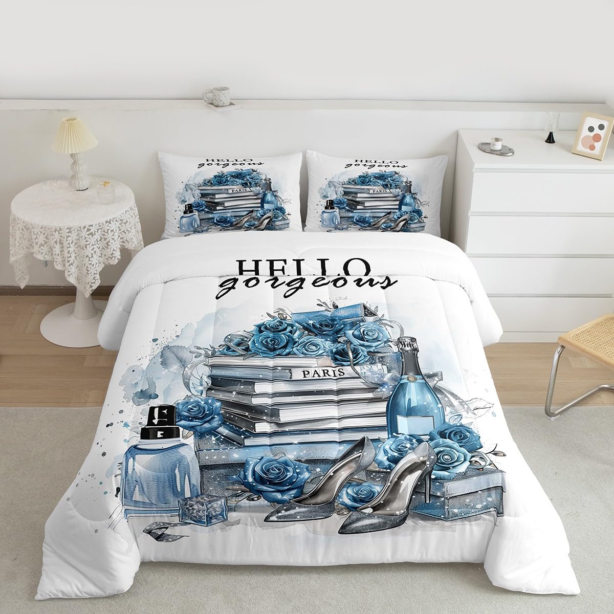 Erosebridal Girly Blue King Bedding Set Silver Fashion Comforter Women Girls Gray Teal Flower Perfume Duvet Insert High Heels Magazine Books Floral Bed Sets Paris Romantic Bedroom Decor
