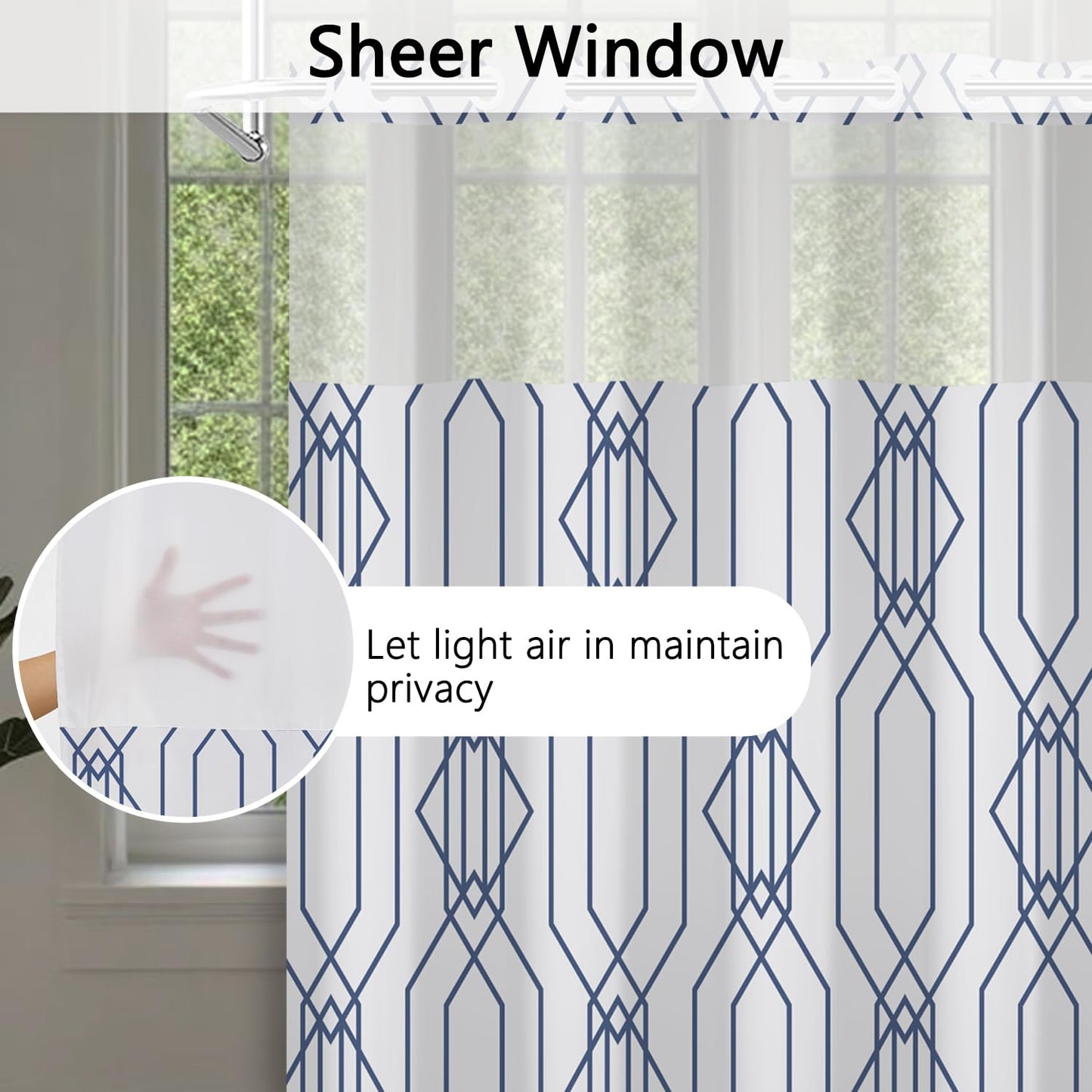 NAEMBCU No Hook Shower Curtain and Liner Set - Blue Gray Geometric Bathroom Shower Curtain with Liner, Waterproof Fabric with See Through Top Window, 71x74 Inch